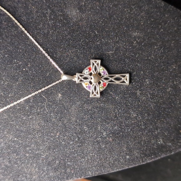 Vintage Sterling Silver Cross with Multi Color Gemstones and Gold Plated Heart - Picture 2 of 8